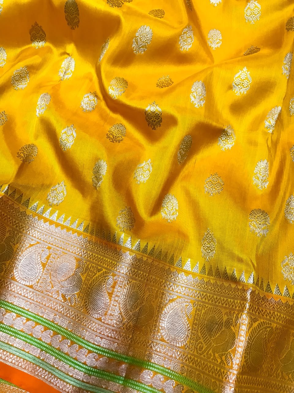 Haldi Yellow Banarasi Katan Silk Saree with Silver Zari & Orange Border